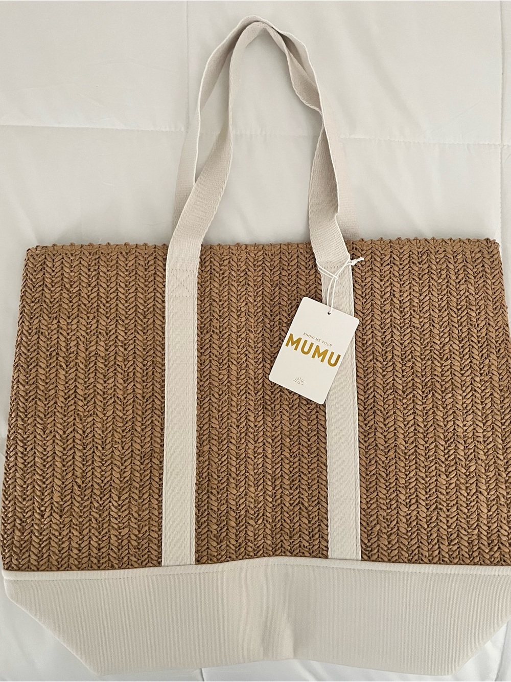 New MUMU Woven Straw Tote Bag in Brown with Cream Trim